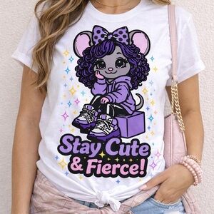 Stay Cute & Fierce Graphic Tee - White with Purple Accent